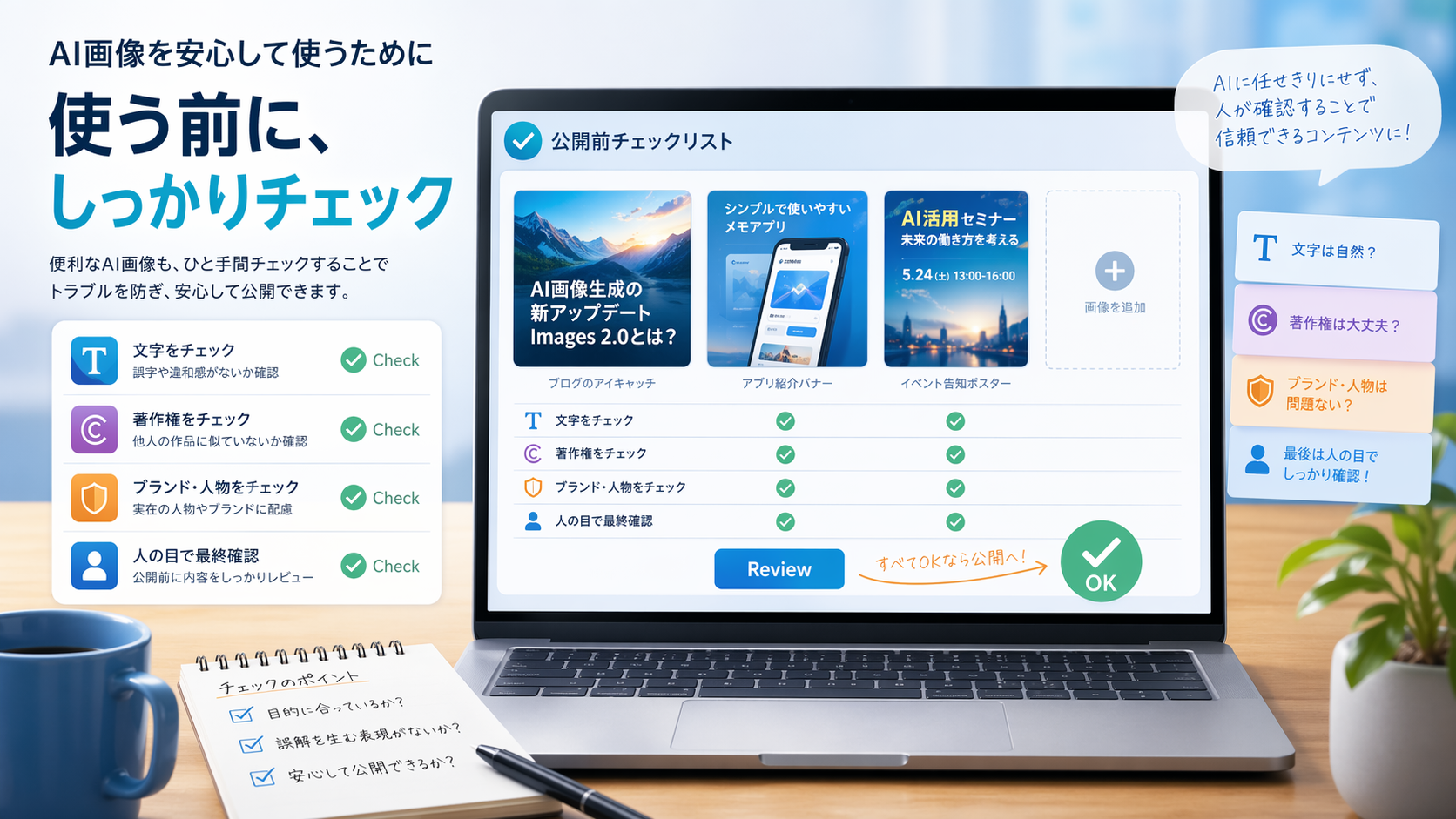 AI画像を公開前に確認するチェックリストのイメージ