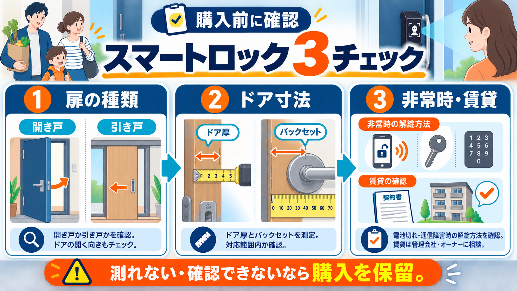 顔認証スマートロックを購入する前に扉の種類、ドア寸法、非常時と賃貸条件を順に確認する図
