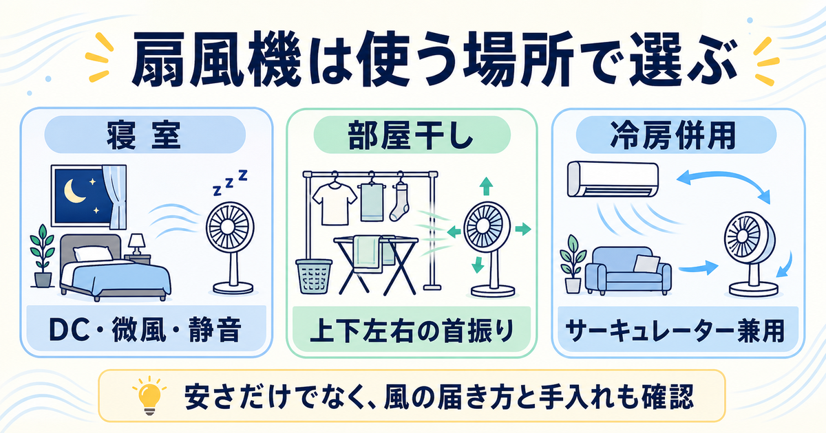 寝室・部屋干し・冷房併用で扇風機を選ぶ3分岐