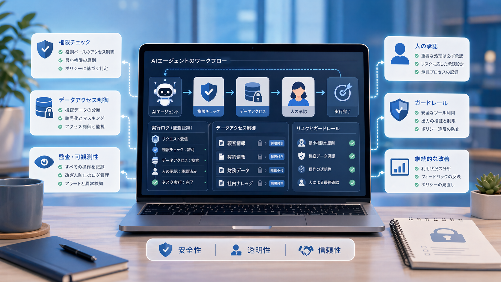 AIエージェントを安全に管理するための権限や承認フローのイメージ