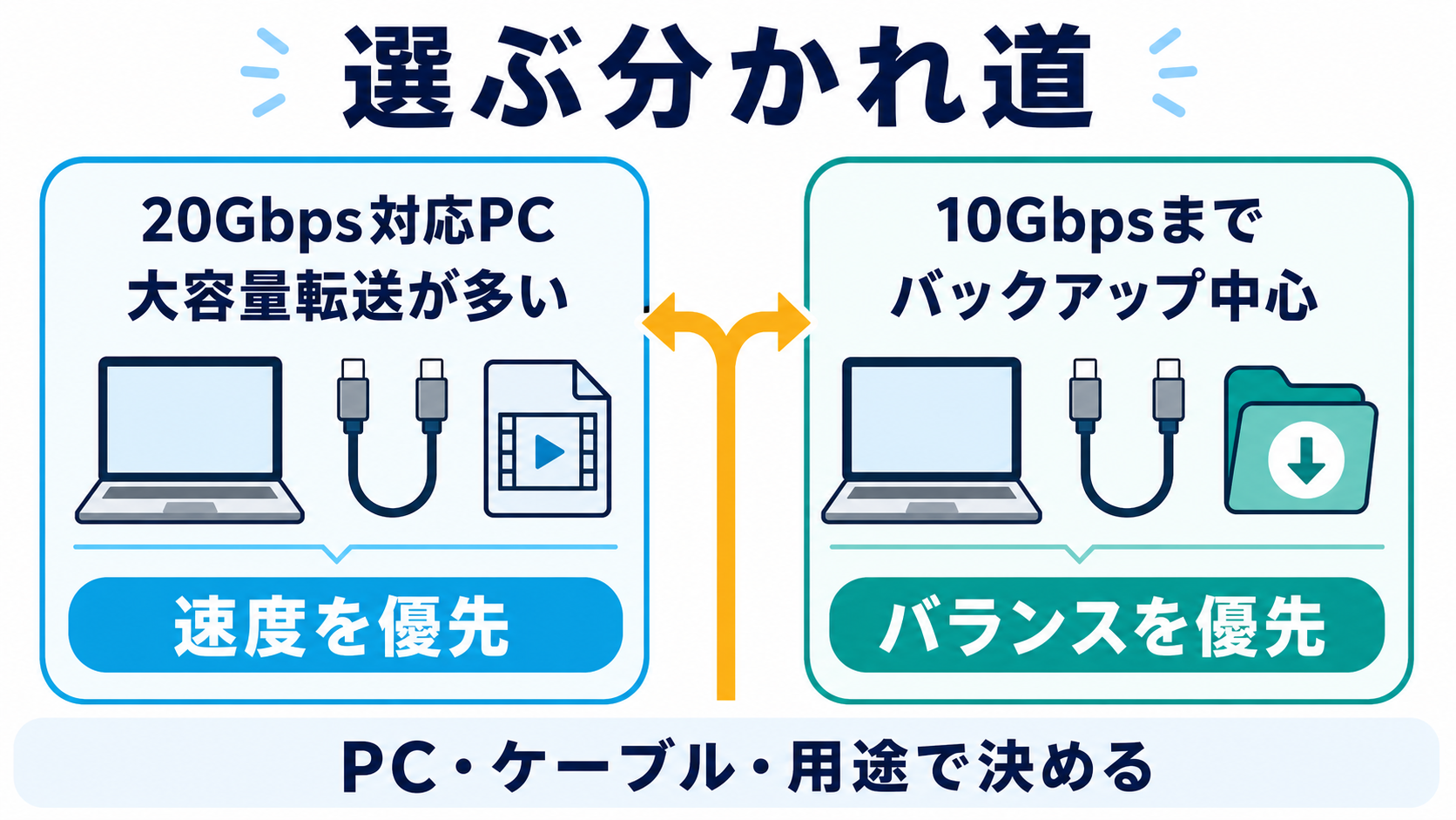 20Gbps対応PCで大容量転送が多い場合は速度、10Gbpsまででバックアップ中心ならバランスを優先するポータブルSSDの判断図
