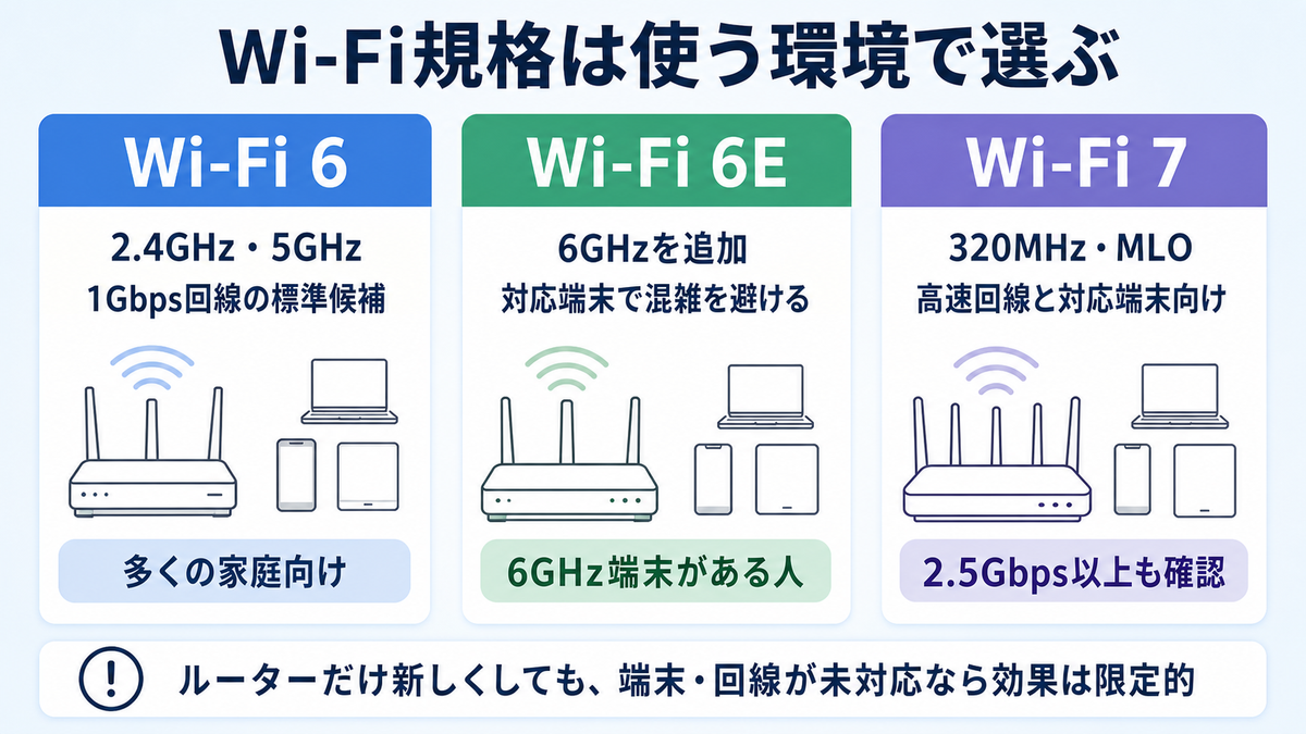 Wi-Fi 6は多くの家庭、Wi-Fi 6Eは6GHz対応端末、Wi-Fi 7は高速回線と対応端末がある人向けと整理した比較図